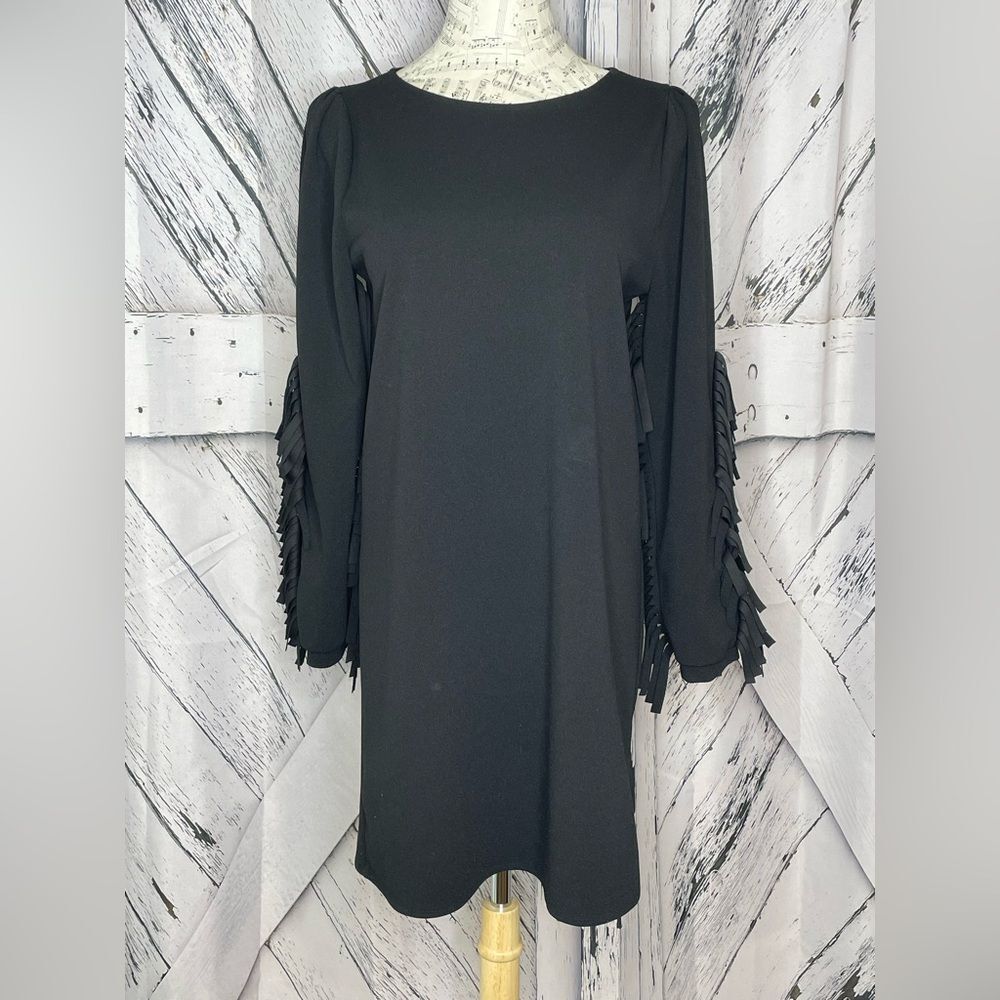SoAllure Black Dress Fringe Sleeves Made in Italy Size 44 US 8
